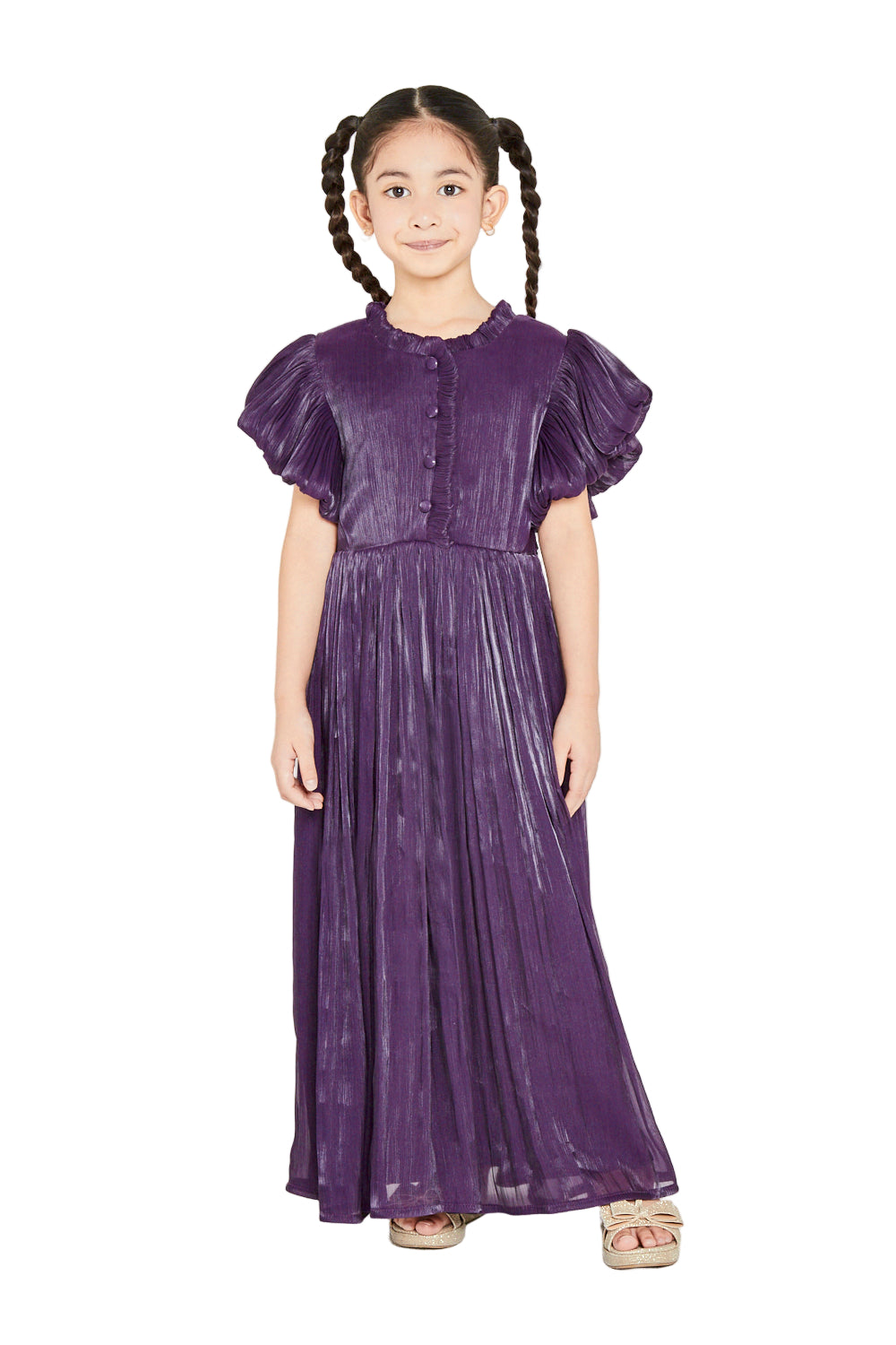 Ruffled Collar Pleated Buttoned Gown
