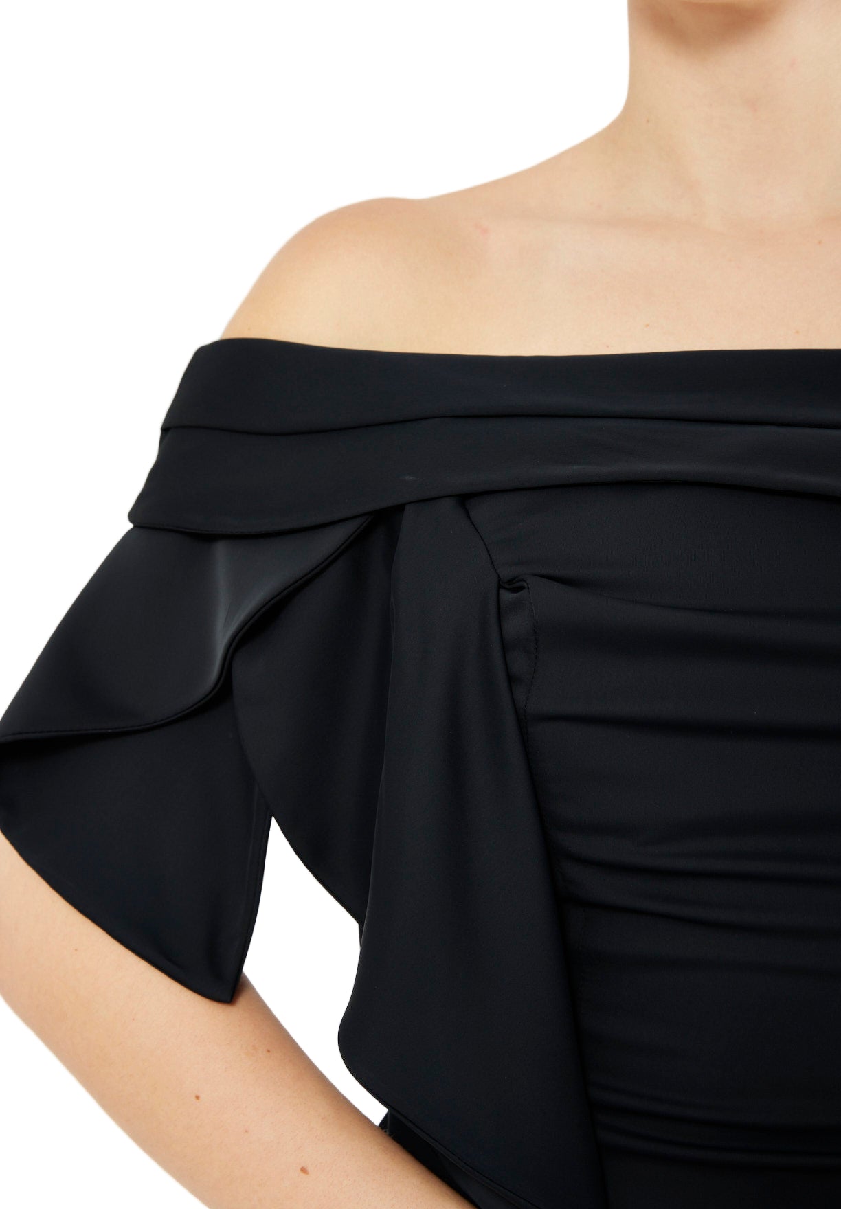 Foldover Neckline Draped Crepe Gown