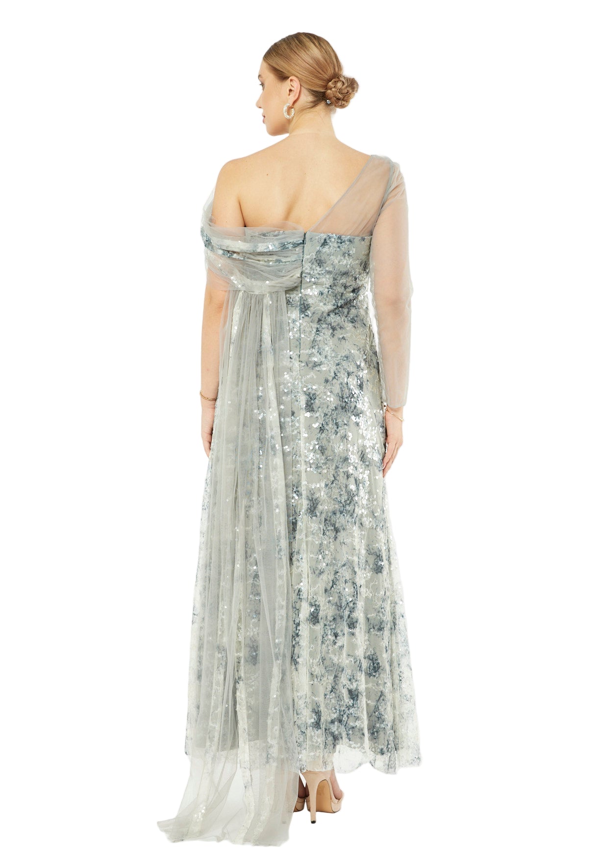 Sequin Mesh One-Shoulder Evening Gown