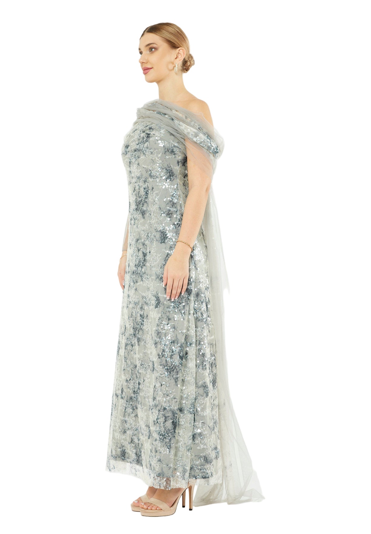 Sequin Mesh One-Shoulder Evening Gown