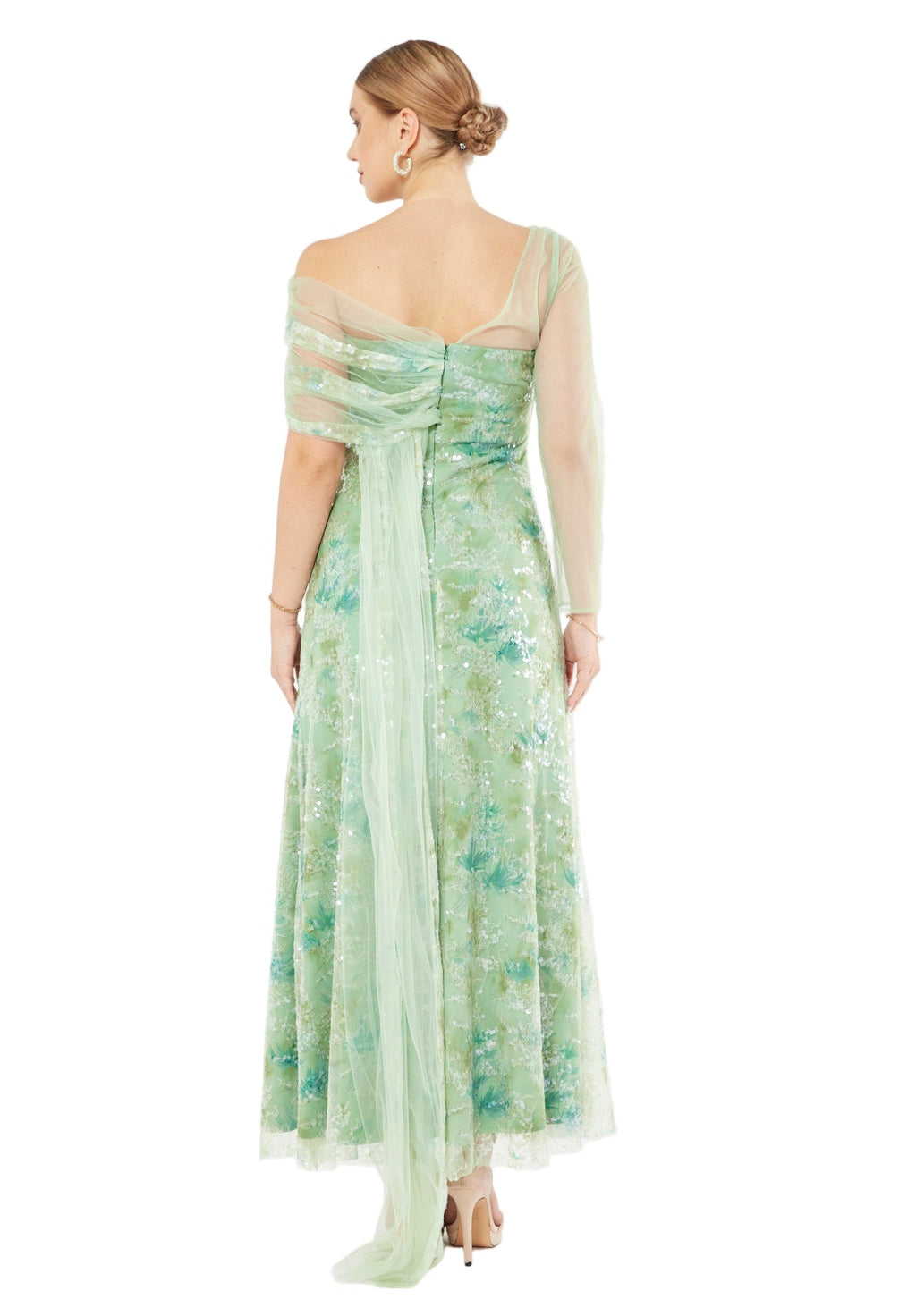 Sequin Mesh One-Shoulder Evening Gown