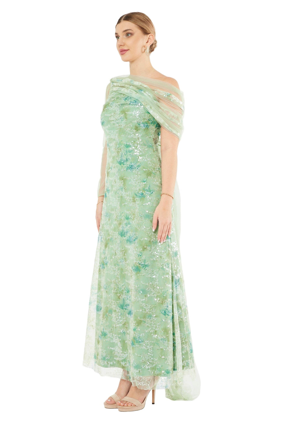 Sequin Mesh One-Shoulder Evening Gown