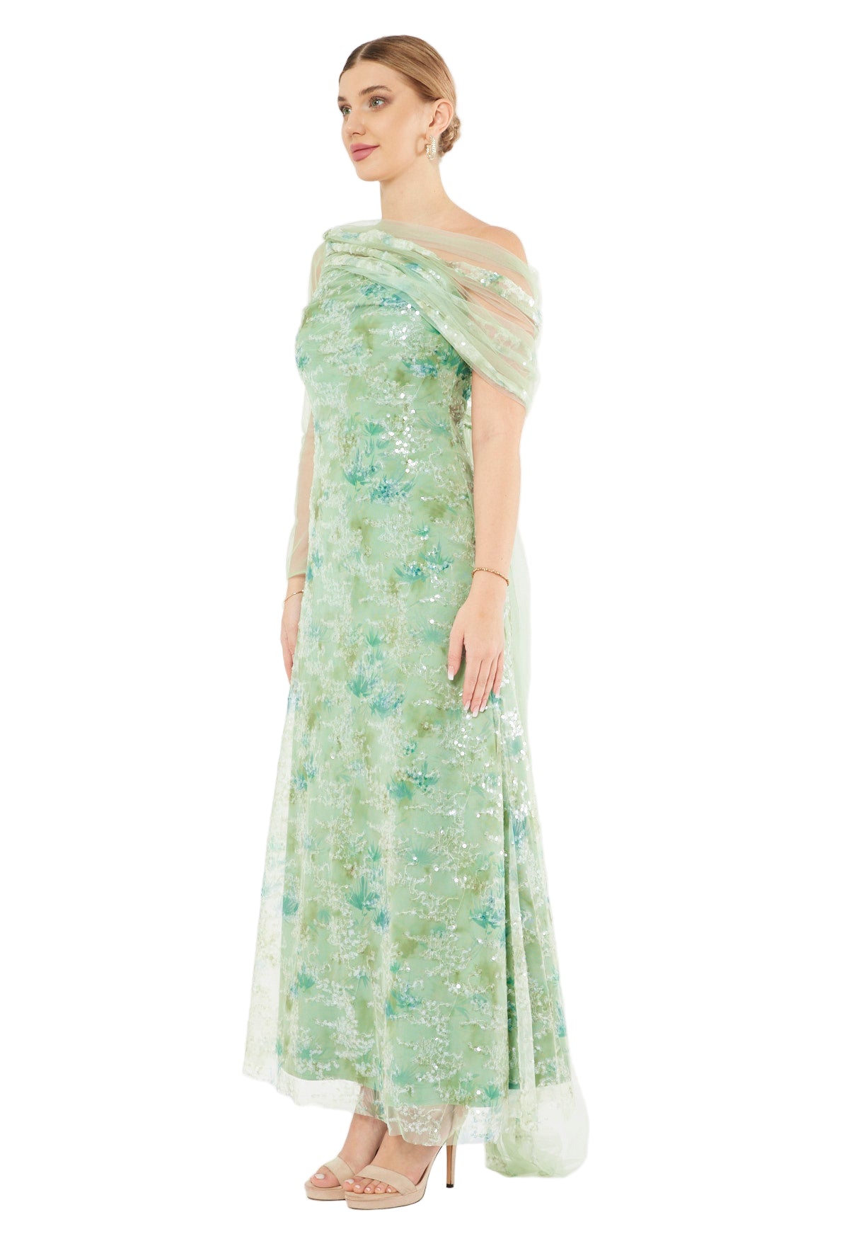 Sequin Mesh One-Shoulder Evening Gown