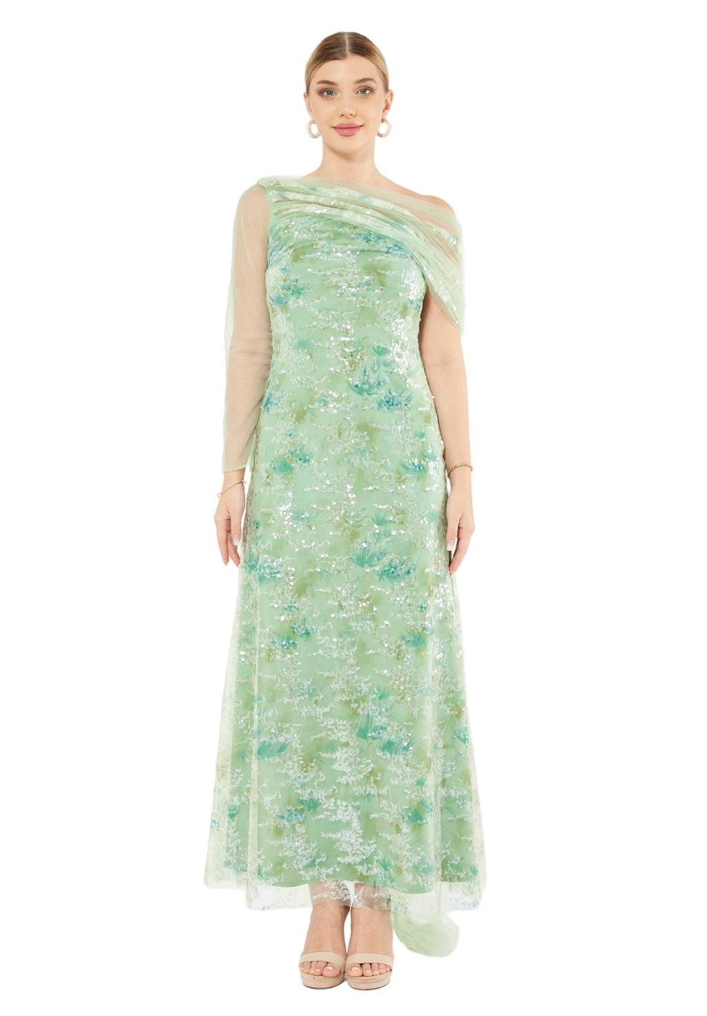 Sequin Mesh One-Shoulder Evening Gown