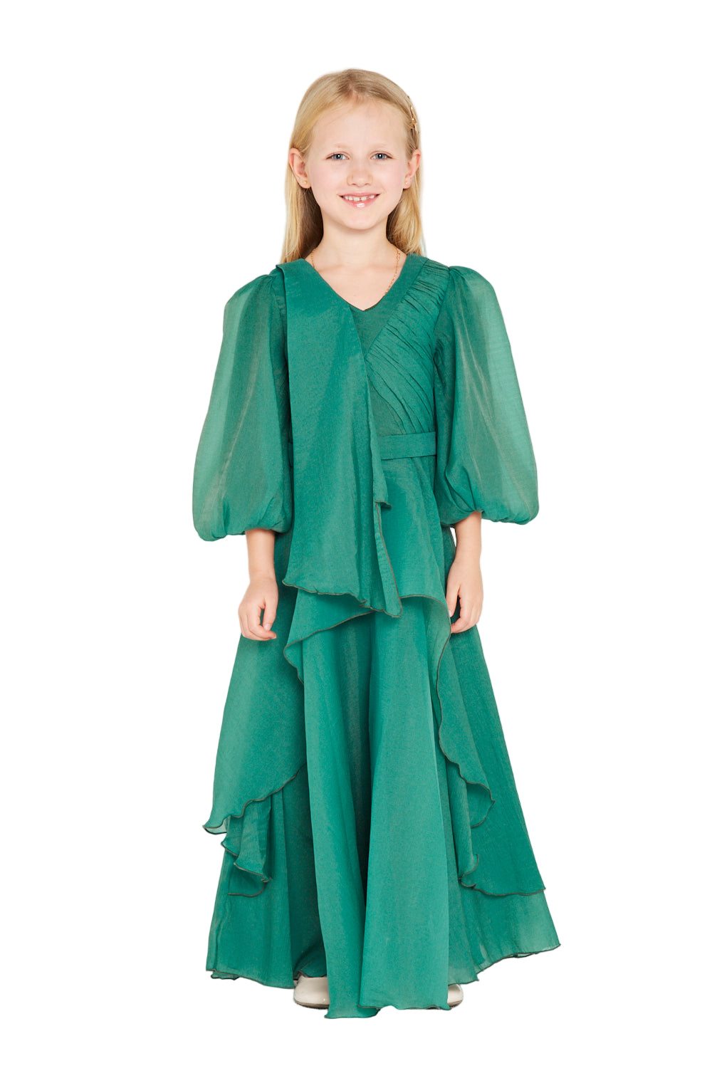 Layered Ruffle Puff Sleeve Gown