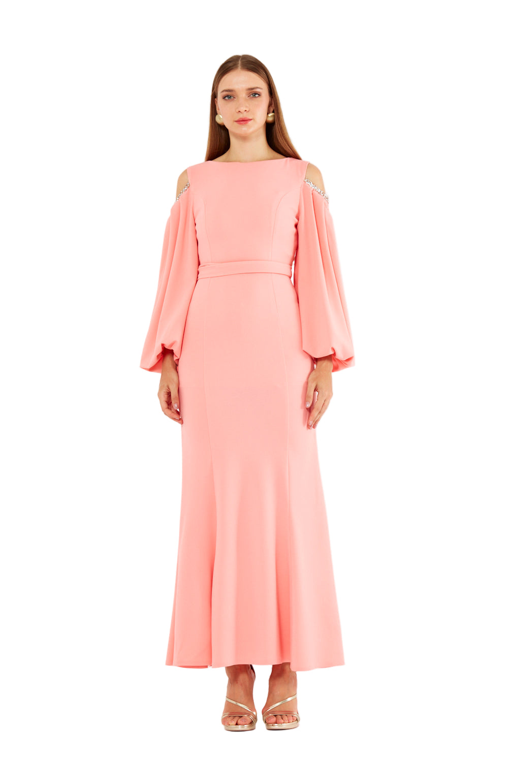 Embellished Cold-Shoulder Crepe Gown