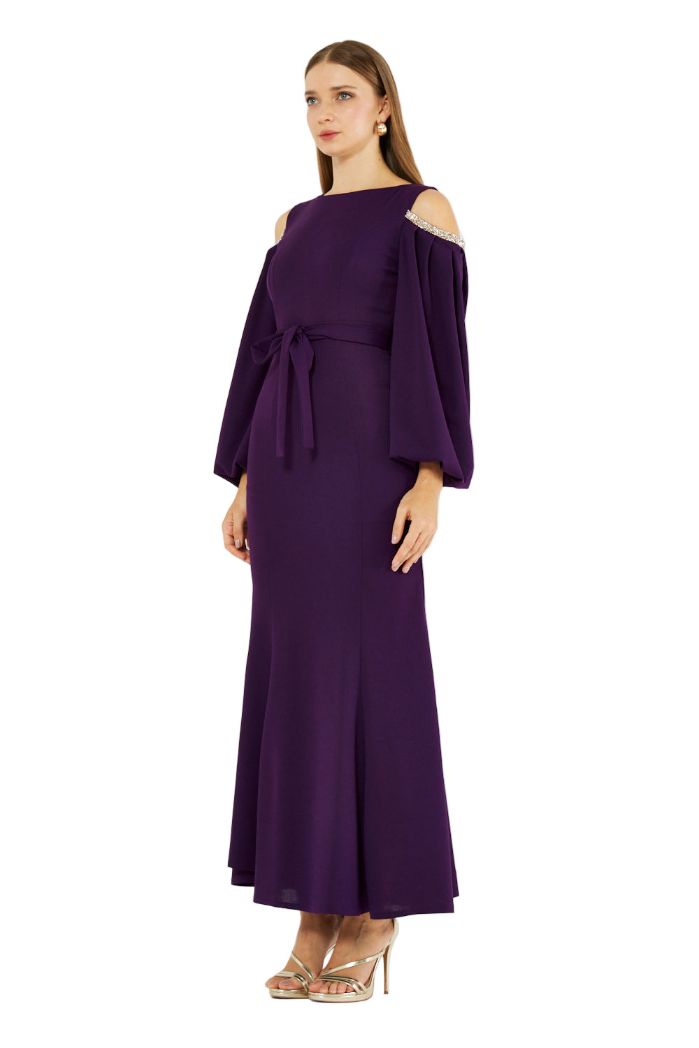 Embellished Cold-Shoulder Crepe Gown