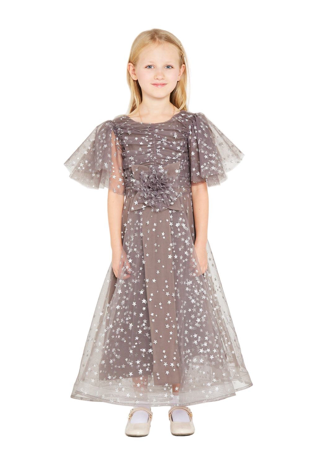 Star Embellished Flutter Sleeve Gown