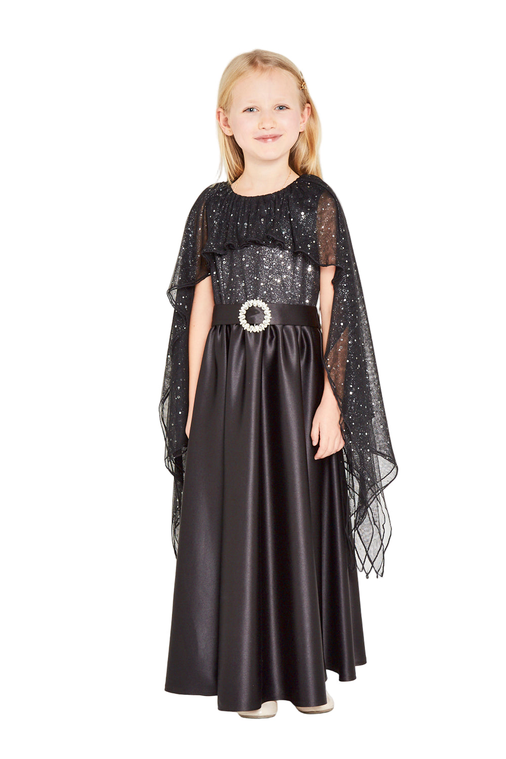 Satin Maxi Dress with Sparkle Cape Overlay