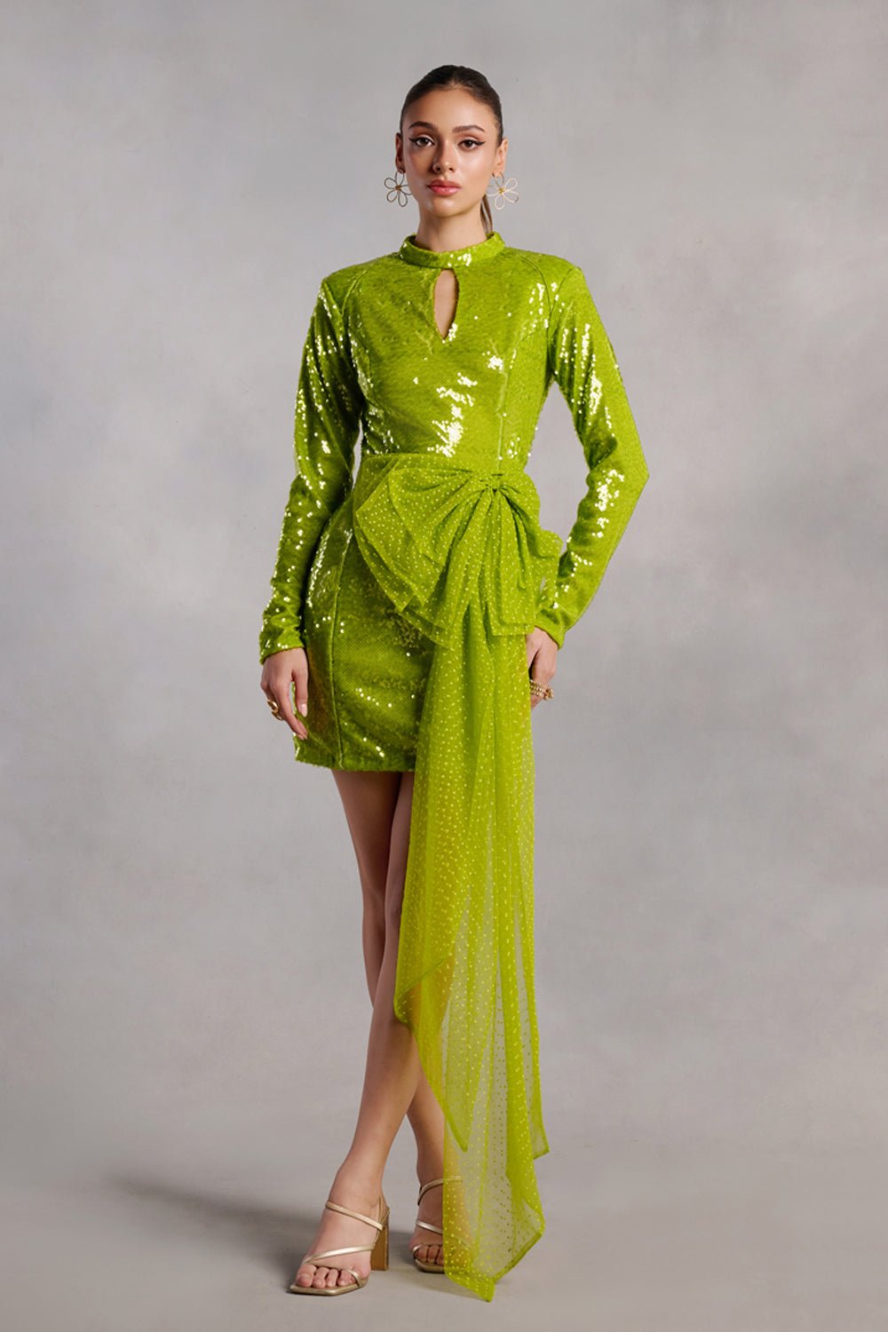 Alejandra Neon Green Sequins Dress With Belt