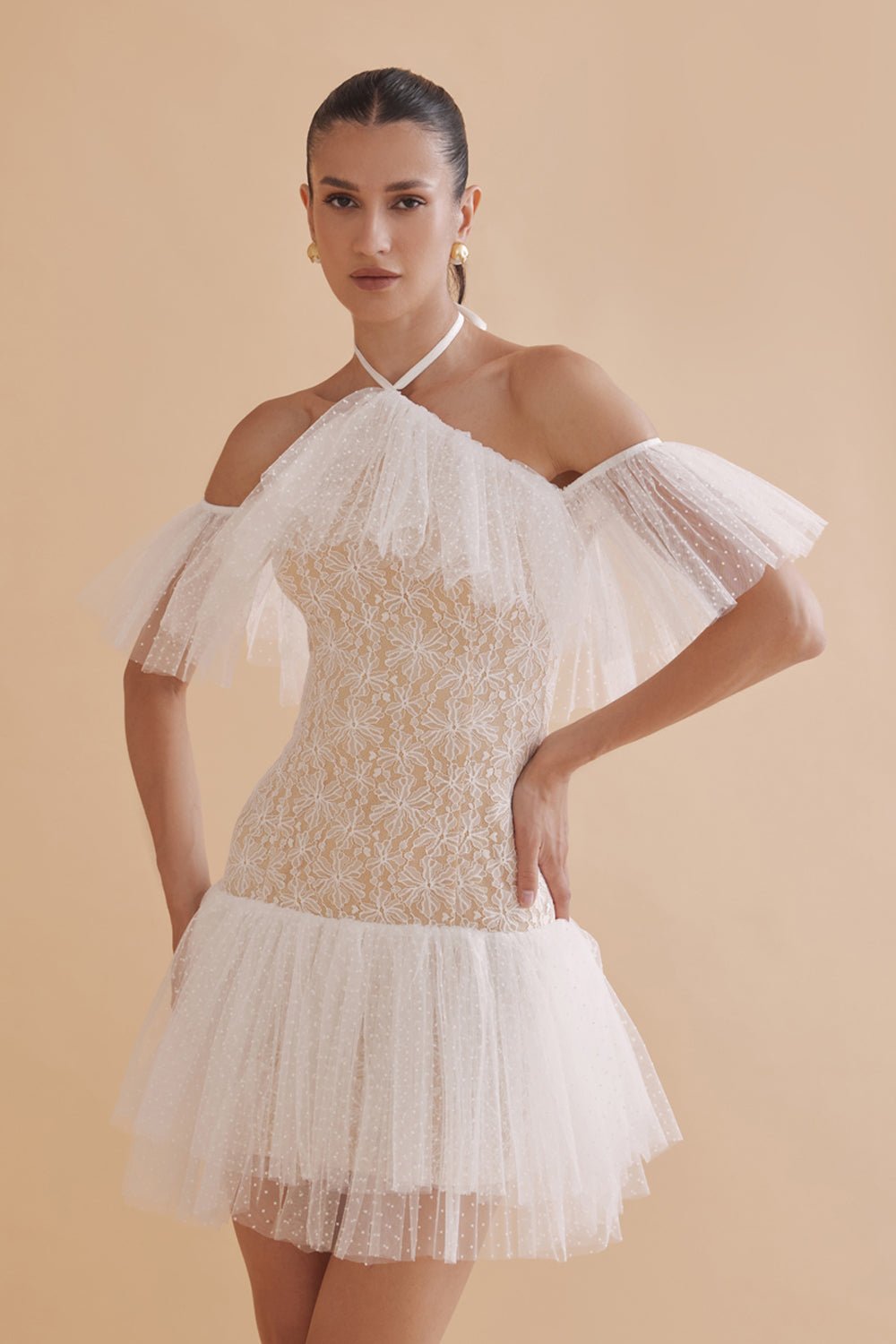 Alessandro White Lace Halter Mini Dress