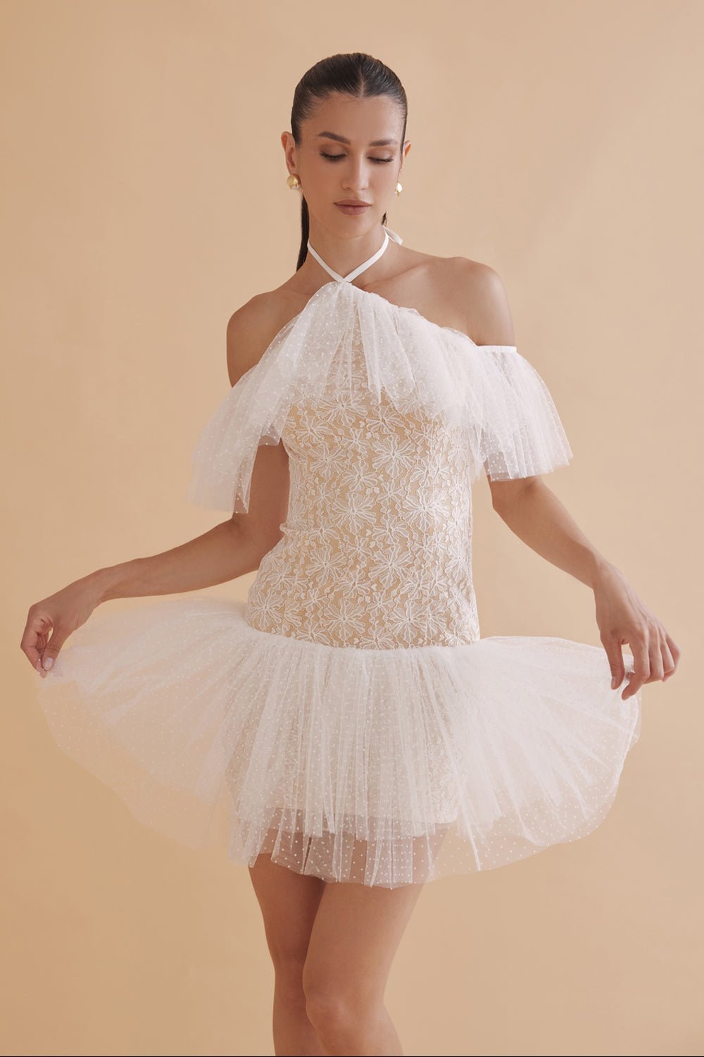 Alessandro White Lace Halter Mini Dress