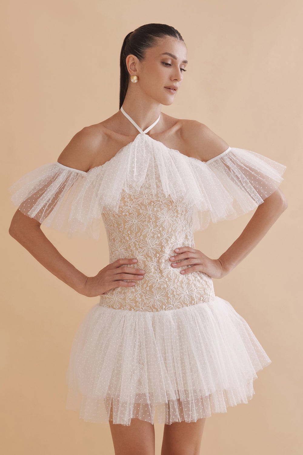 Alessandro White Lace Halter Mini Dress