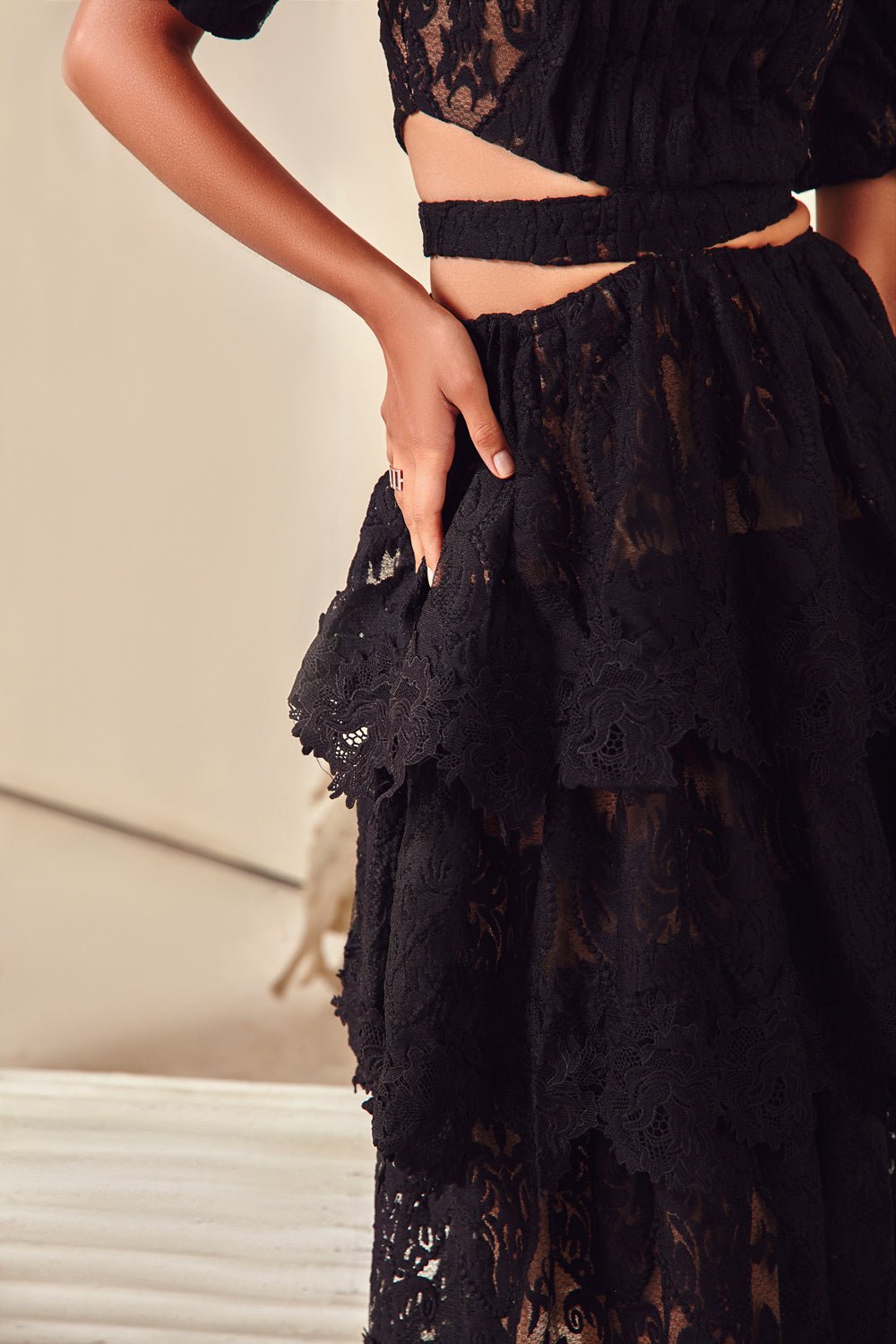 Black Textured Cut Out Midi Dress