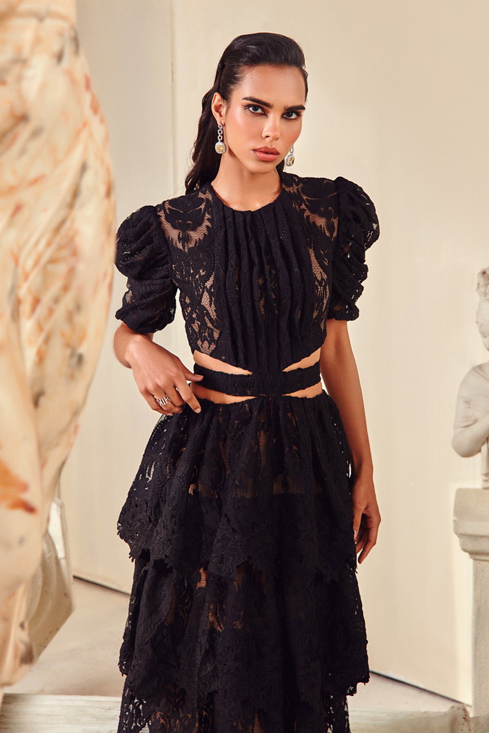 Black Textured Cut Out Midi Dress