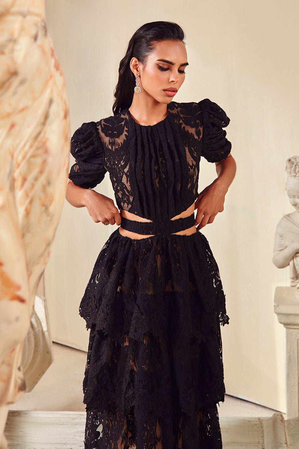 Black Textured Cut Out Midi Dress