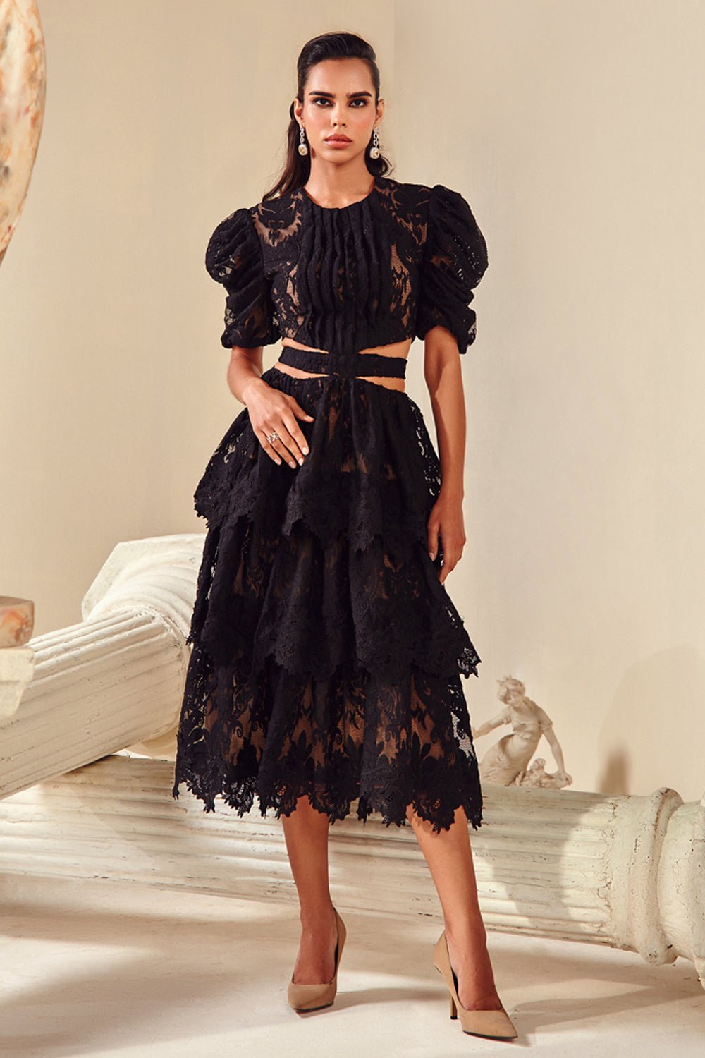 Black Textured Cut Out Midi Dress