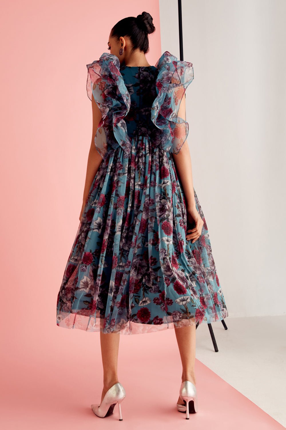 Botanic Ruffled Tulle Midi Dress