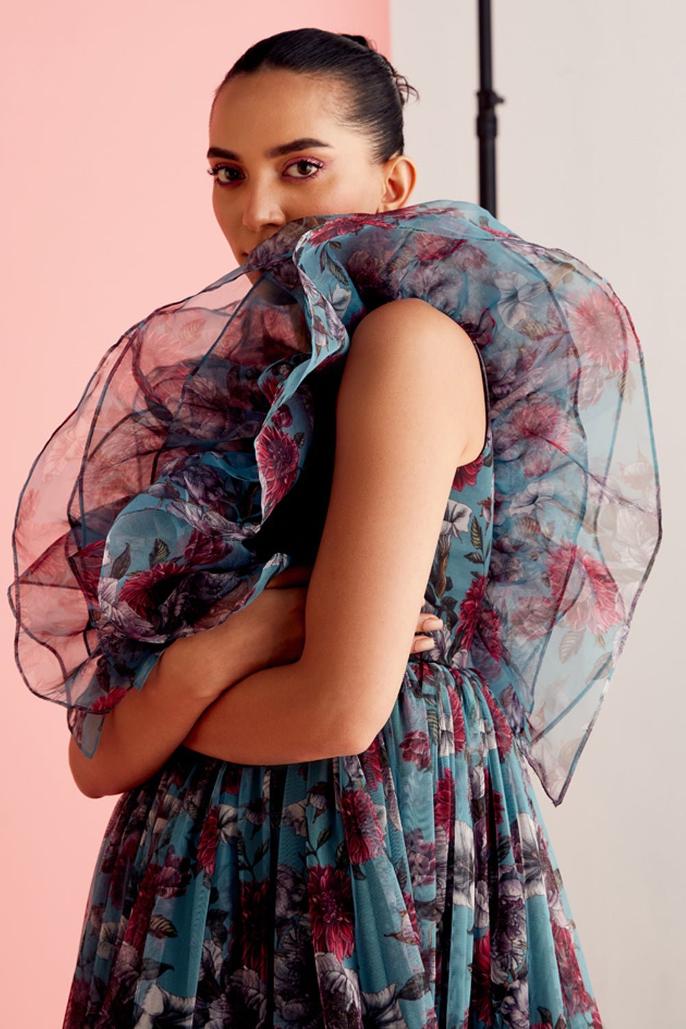 Botanic Ruffled Tulle Midi Dress