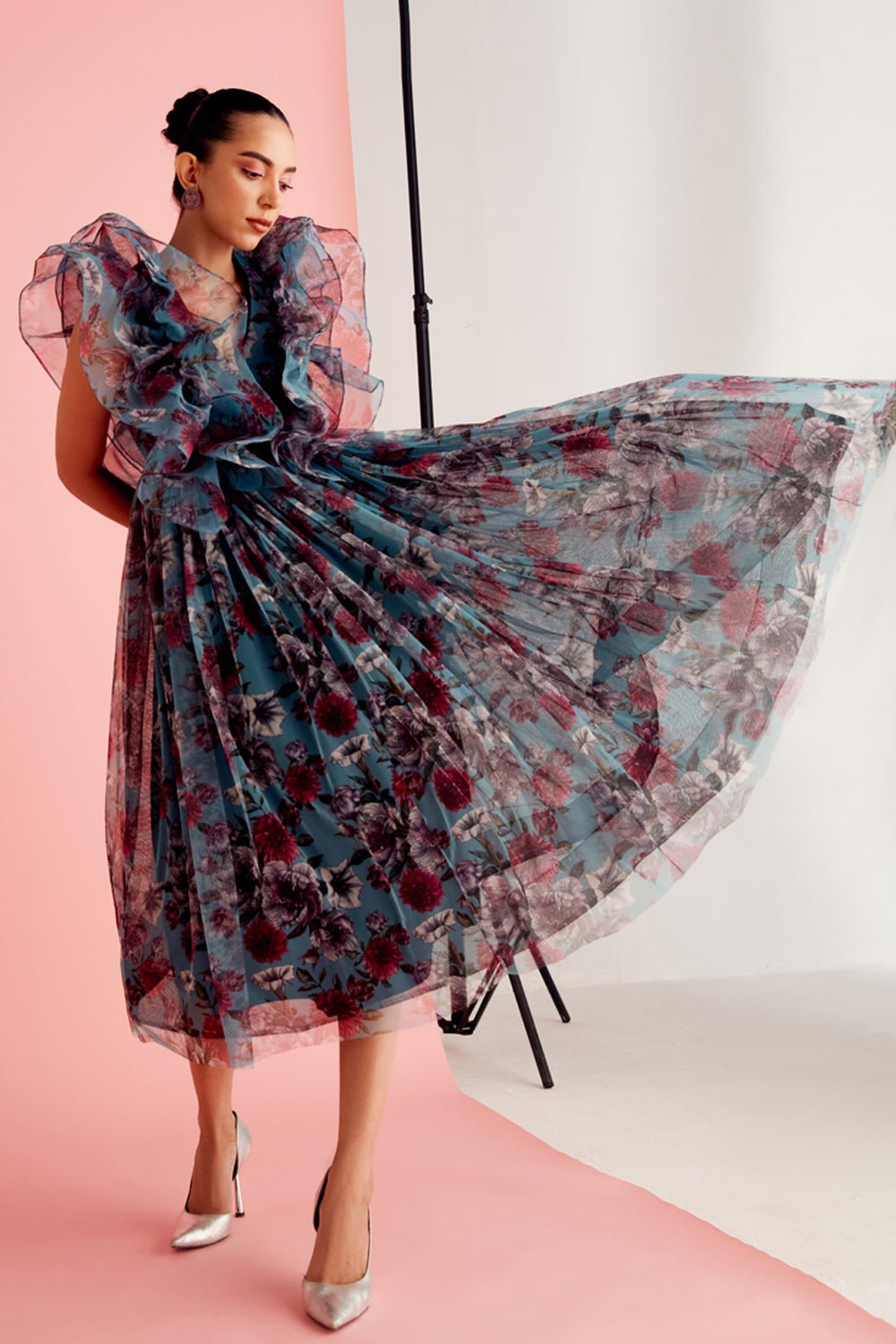 Botanic Ruffled Tulle Midi Dress