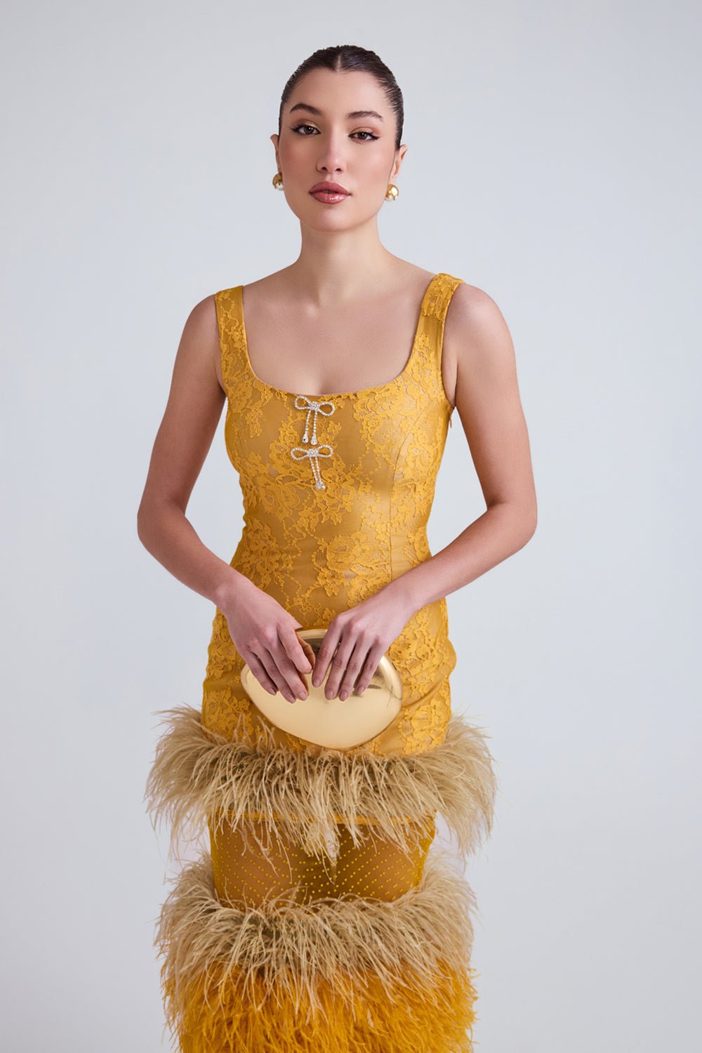 Lareta Lace and Feather Midi Dress