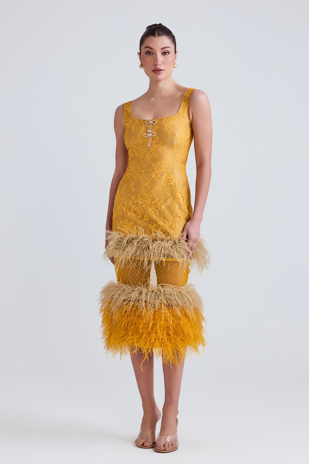 Lareta Lace and Feather Midi Dress