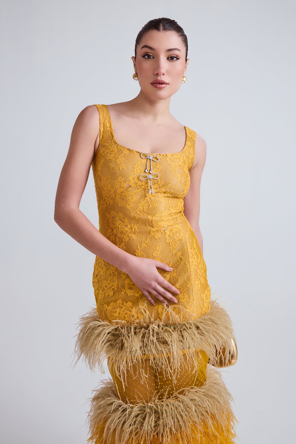 Lareta Lace and Feather Midi Dress