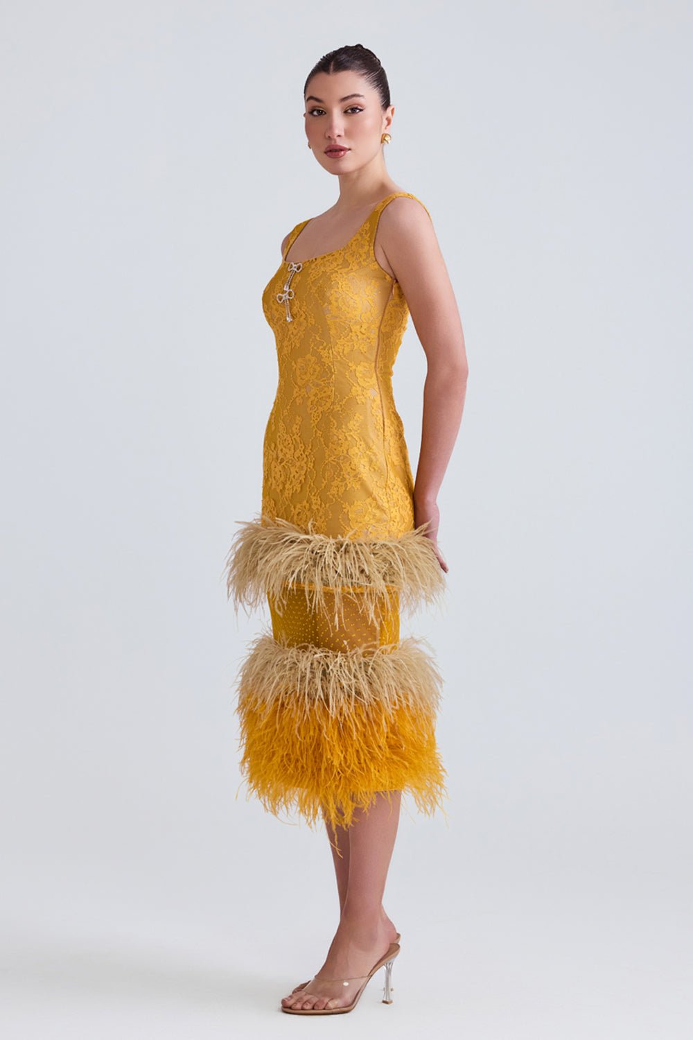 Lareta Lace and Feather Midi Dress