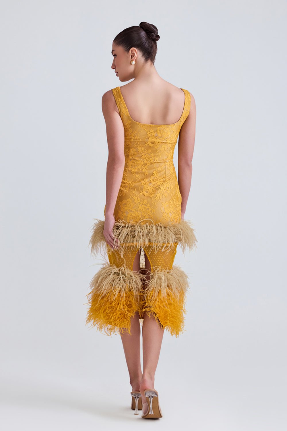 Lareta Lace and Feather Midi Dress