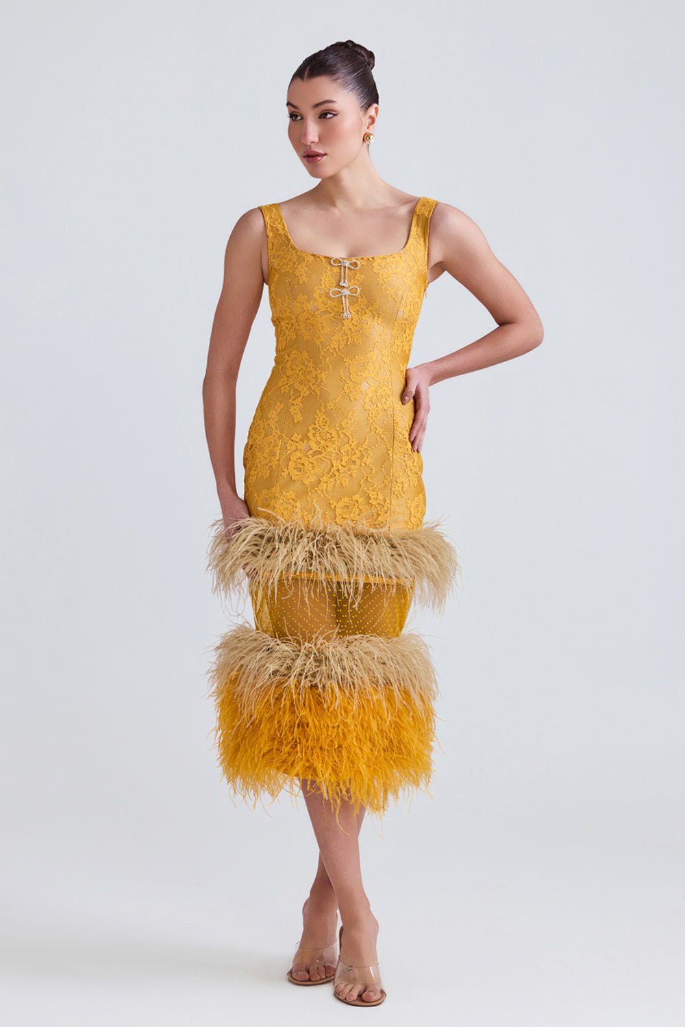 Lareta Lace and Feather Midi Dress