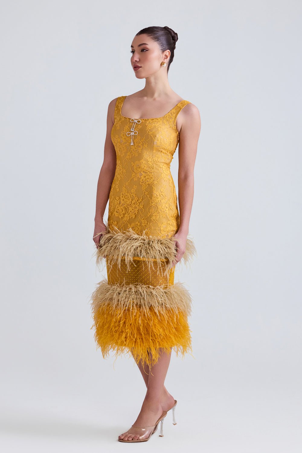 Lareta Lace and Feather Midi Dress