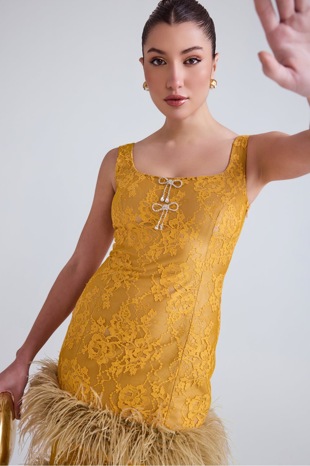 Lareta Lace and Feather Midi Dress