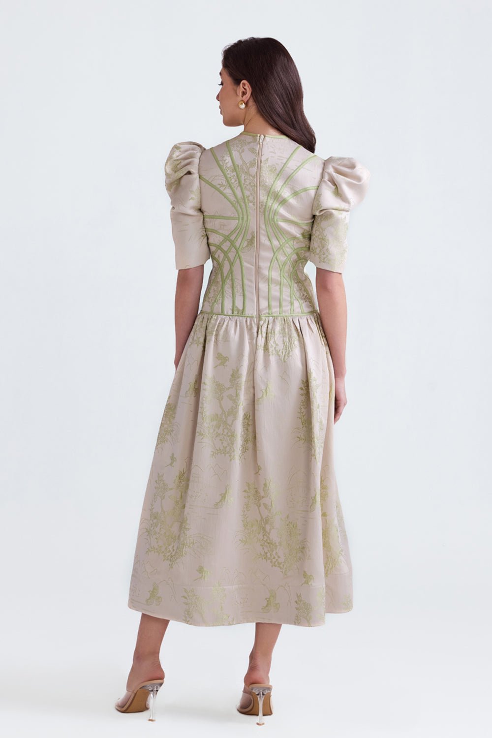 Lila Green Jacquard Flared Midi