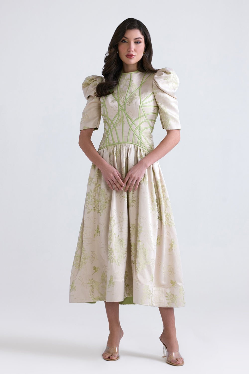 Lila Green Jacquard Flared Midi