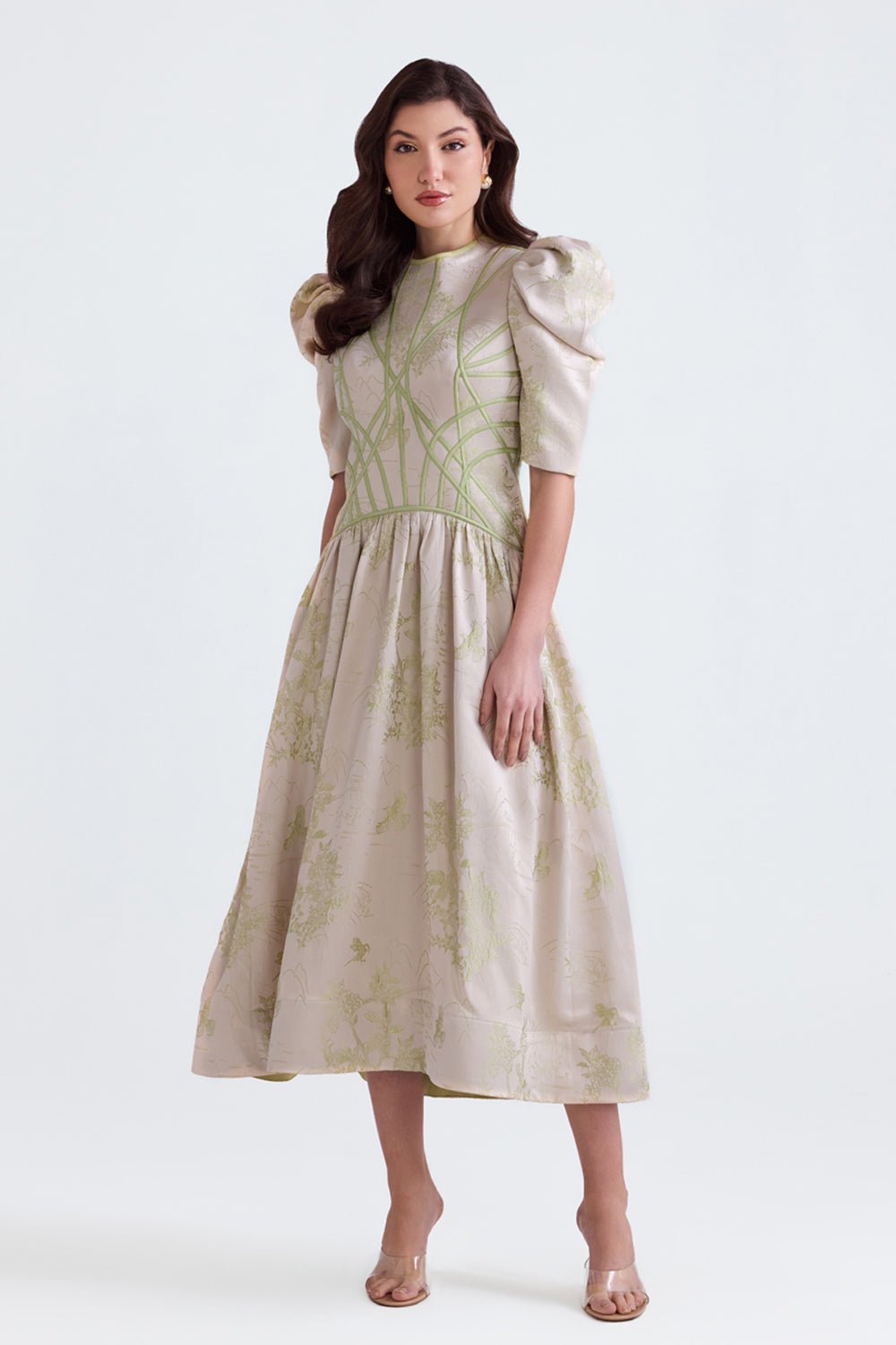 Lila Green Jacquard Flared Midi