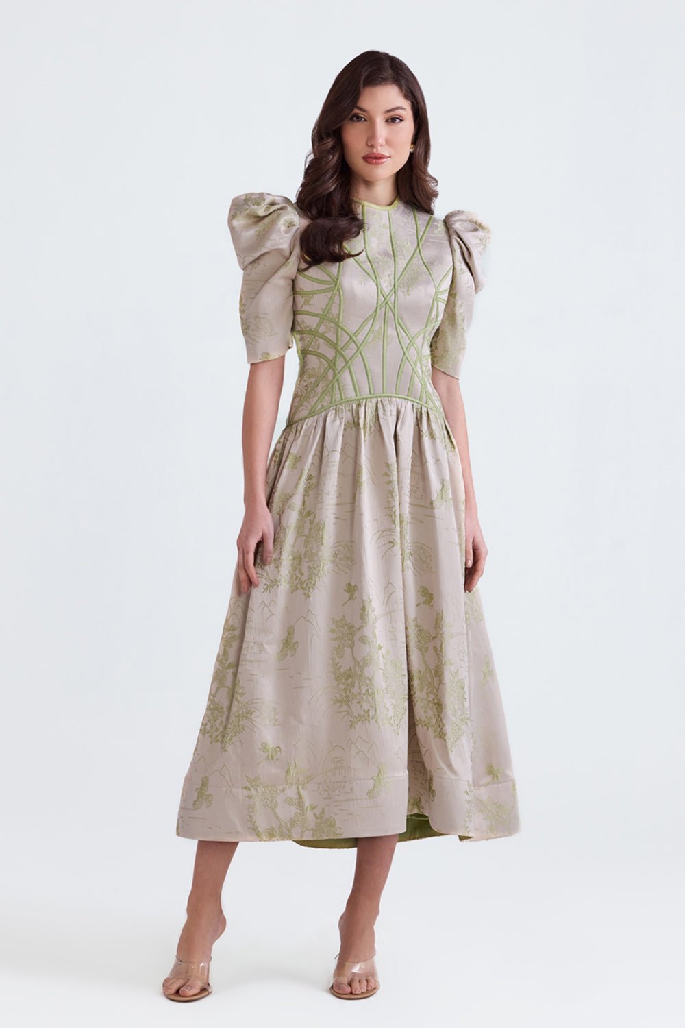 Lila Green Jacquard Flared Midi