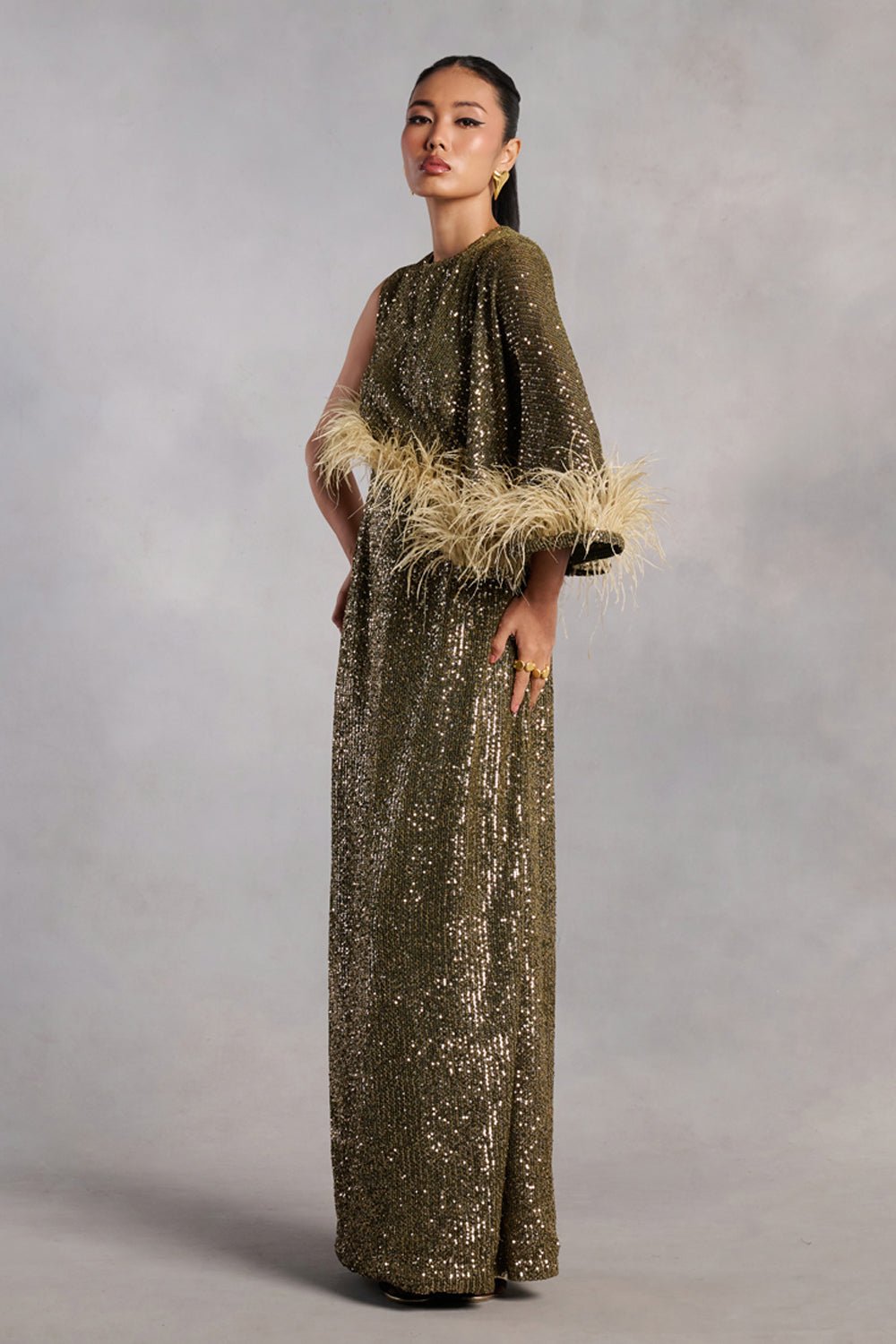 Madison Olive Green Sequin Feather Dress