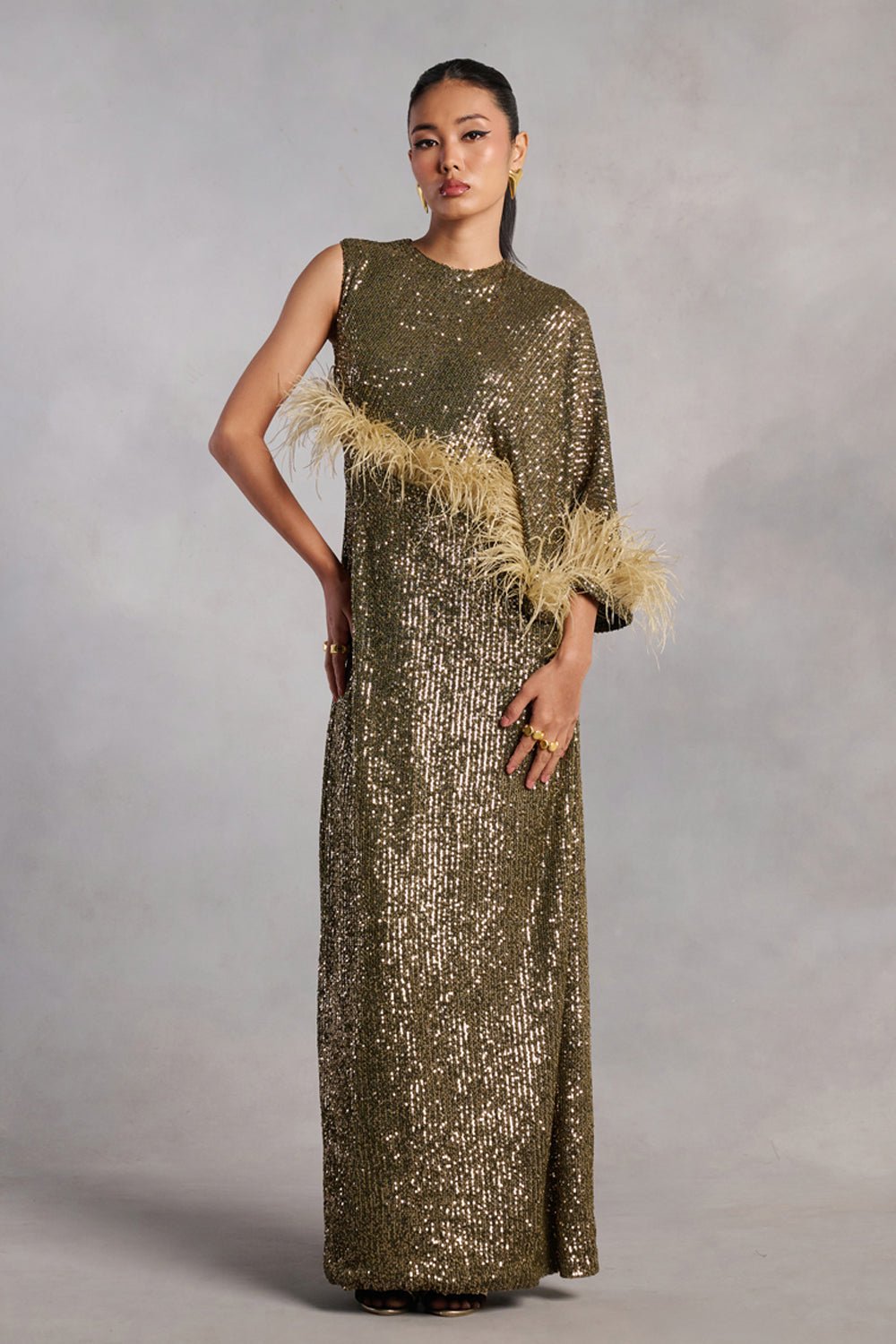 Madison Olive Green Sequin Feather Dress