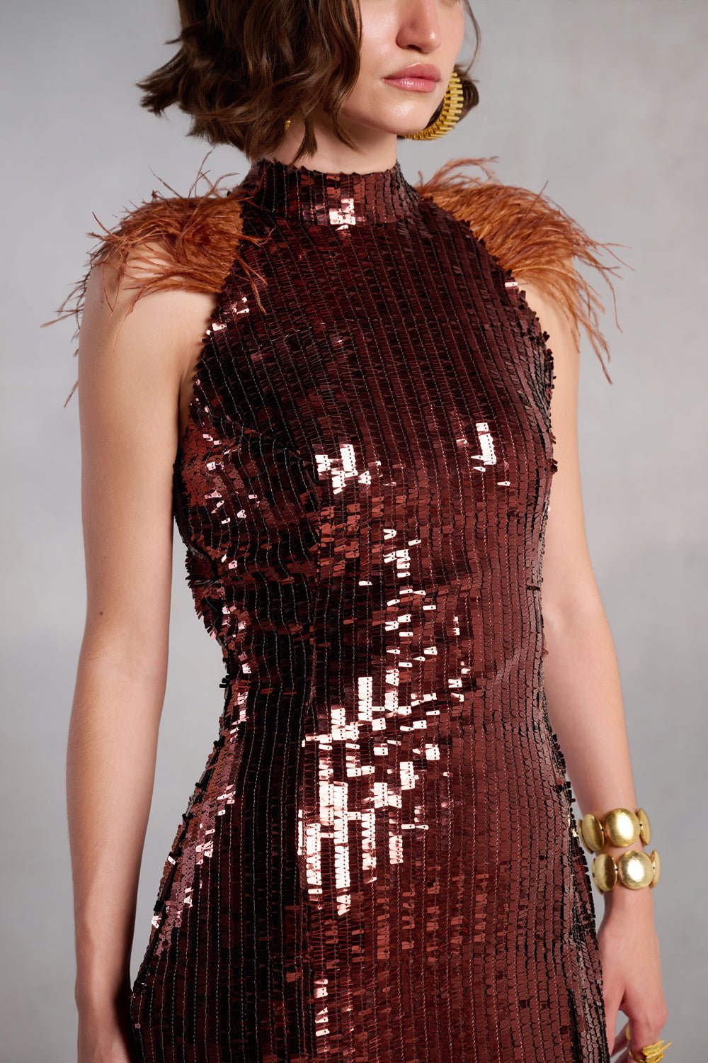 Neha Nagar In Our Paisley Brown Sequins Midi Dress With Feathers