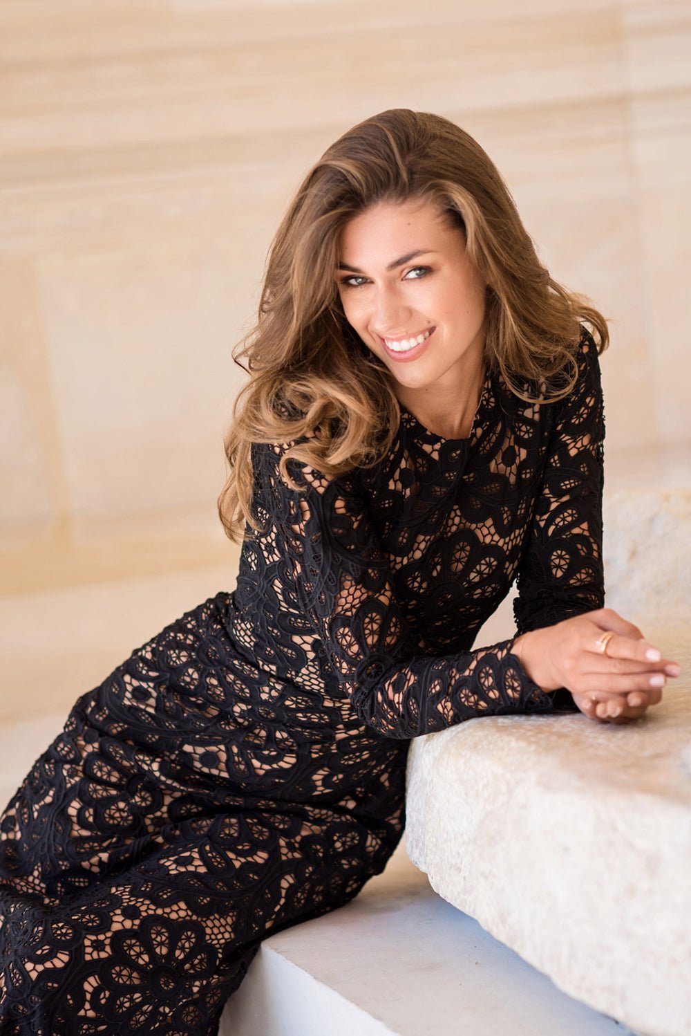 Noir And Beige Lace Midi Dress