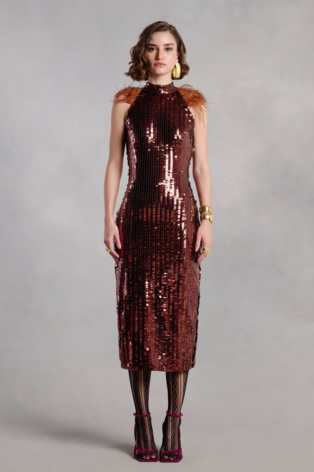 Paisley Brown Sequins Midi Dress With Feathers