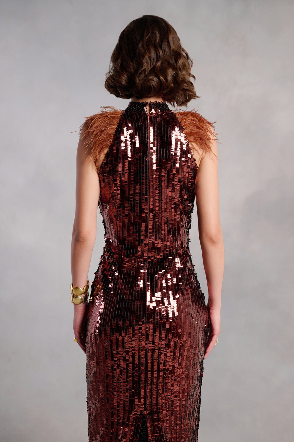 Paisley Brown Sequins Midi Dress With Feathers