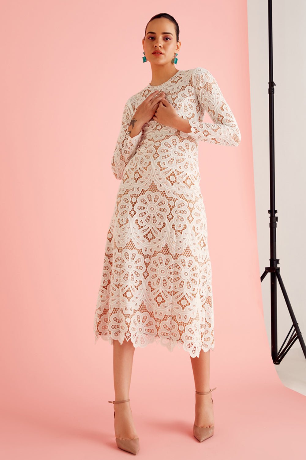 White & Beige Lace Midi Dress