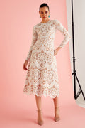 White & Beige Lace Midi Dress