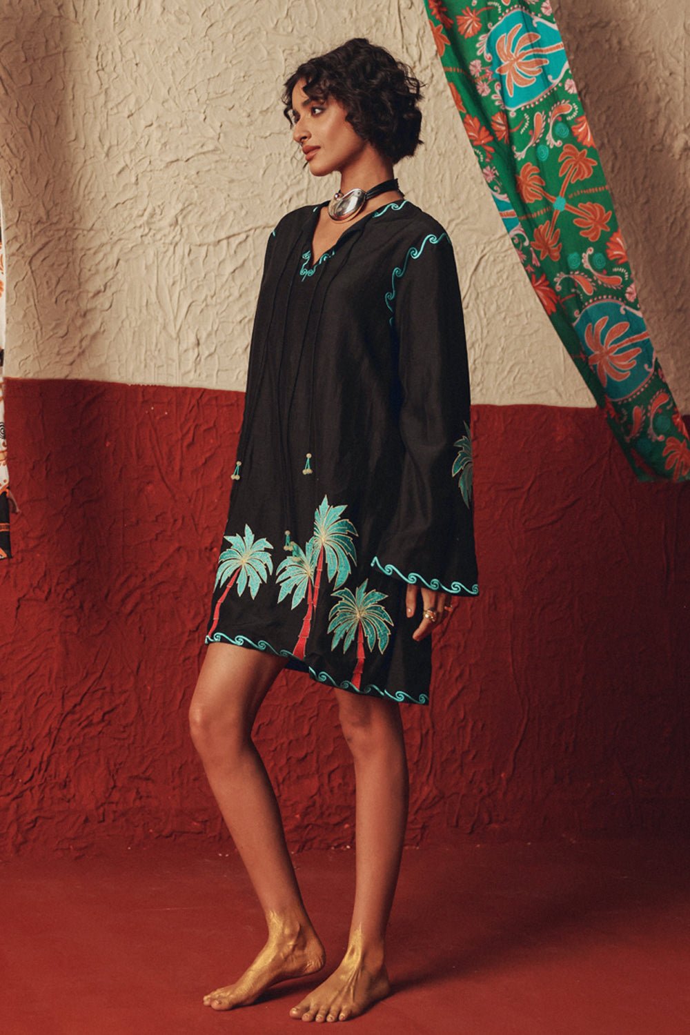 Wild Roots Black Handcrafted Linen Mini Dress