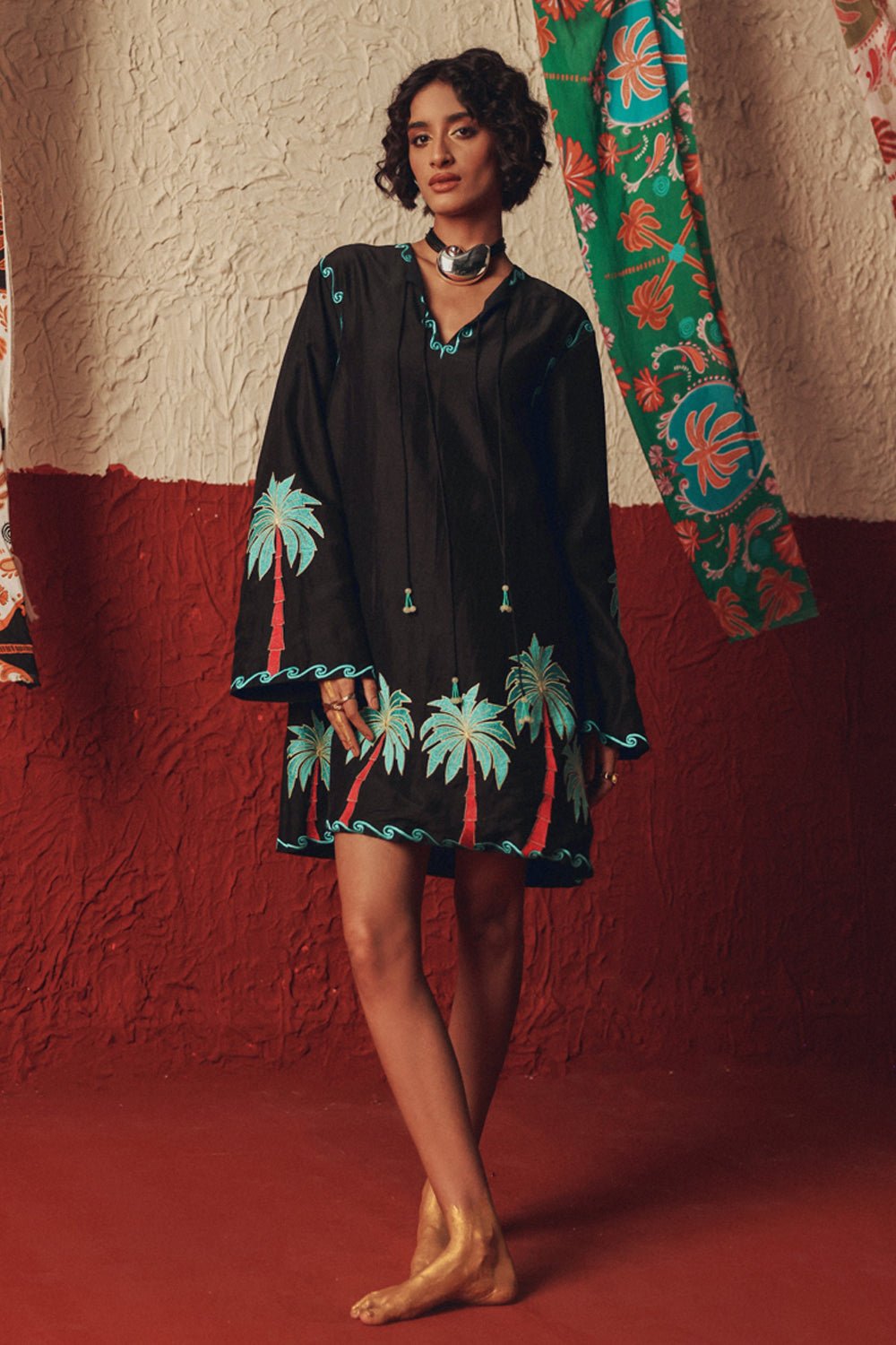 Wild Roots Black Handcrafted Linen Mini Dress