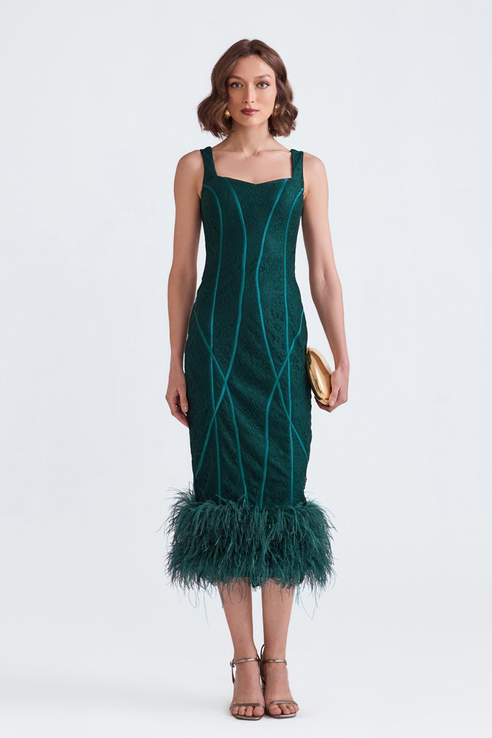 Zoe Green Lace Midi Dress With Feathers