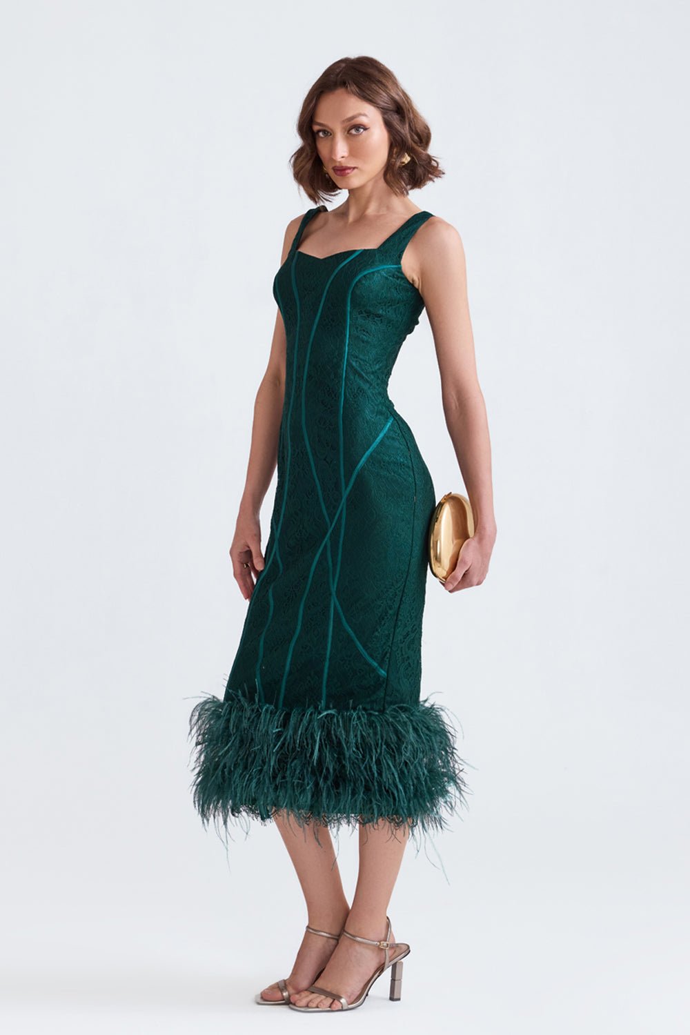 Zoe Green Lace Midi Dress With Feathers